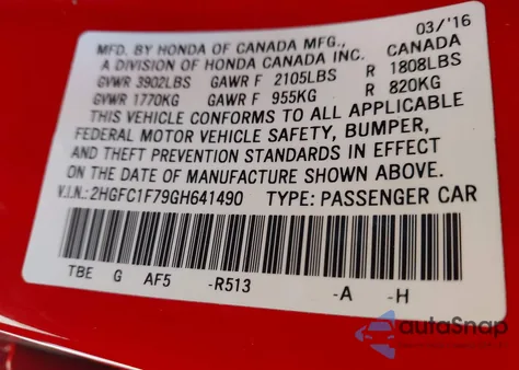 2016 Honda Civic Ex-L from USA, damaged, VIN 2HGFC1F79GH641490